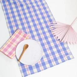 Online Archive New York Abigail Plaid Table Runner in Periwinkle Blue and Pink
