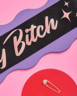 Online xo, Fetti Bday B*tch Sash - black glitter + rose gold foil