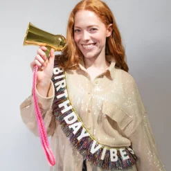 Online Packed Party Birthday Vibes Tinsel & Glitter Sash