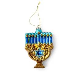 Online Glitterville Blue Menorah Glass Ornament by