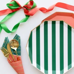 New Bonjour Fete Emerald Green Signature Cabana Stripe Plates