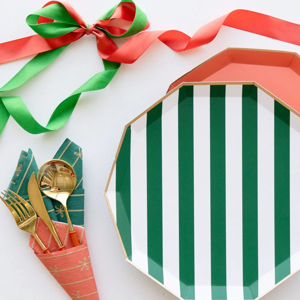 New Bonjour Fete Emerald Green Signature Cabana Stripe Plates