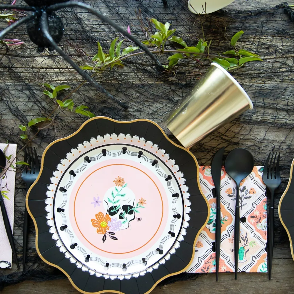 Online Bonjour Fete Floral Halloween Skulls & Spiders Dessert Plates