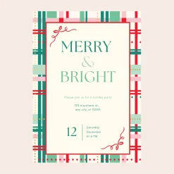 New Bonjour Fete Merry & Bright Plaid Christmas Digital Party Invitation
