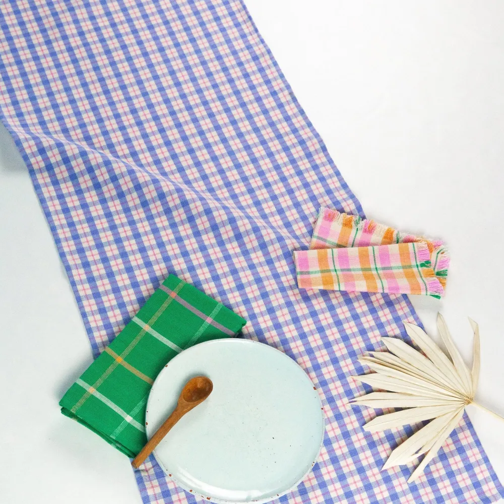 Hot Archive New York Sofia Plaid Table Runner in Periwinkle Blue and Pink