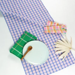 Hot Archive New York Sofia Plaid Table Runner in Periwinkle Blue and Pink