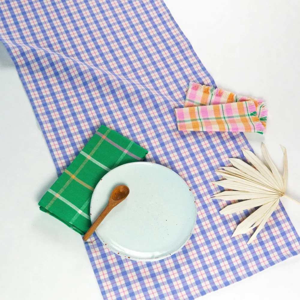 Hot Archive New York Sofia Plaid Table Runner in Periwinkle Blue and Pink